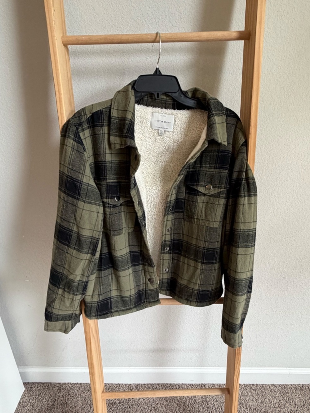 Lucky Brand Green Black Plaid Sherpa Lined Shacket Jacket